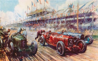I 1924 års Grand Prix ledde Ascaris Alfa Romeo loppet nästan till mål, bara för att förlora eftersom motorn inte ville starta om efter ett depåstopp (färg litho) av Frederick Gordon (after) Crosby