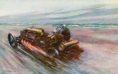 Den berömda "200" Darracq med vilken Sir Algernon Guinness, Bart, uppnådde 120 mph 1908 (färg litho) av Frederick Gordon (after) Crosby