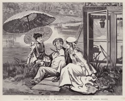 De engelska skådespelarna Irene Vanbrugh, John Lawrence Toole och Mary Ansell i en produktion av J M Barries pjäs Walker, London, på Toole