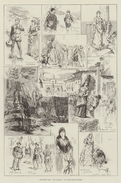 Skisser från The Armada på Drury-Lane Theatre av Frederick Henry Townsend