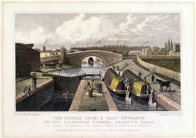 Dubbelslussen och östra ingången till Islington-tunneln, Regents Canal, 1827 av Frederick James Havell