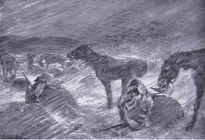 En sydafrikansk hagelstorm, från After Pretoria: The Guerilla War publicerad av Harmsworth Bros Limited, 1901 av Frederick Judd Waugh