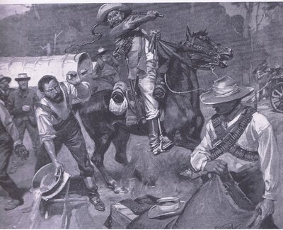 Boer behandling av fredssändebud: The flogging of Margendaal, från After Pretoria: The Guerilla War publicerad av Harmsworth Bros Limited, 1901 av Frederick Judd Waugh