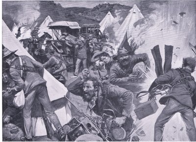 Boers som plundrar det brittiska lägret vid Nooitgedacht under artillerield, från After Pretoria: The Guerilla War publicerad av Harmsworth Bros Limited, 1901 av Frederick Judd Waugh