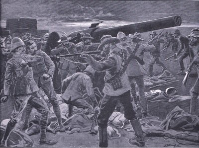 Attacken på Gun Hill: Gunners of the Naval 47 överraskade, från After Pretoria: The Guerilla War publicerad av Harmsworth Bros Limited, 1901 av Frederick Judd Waugh