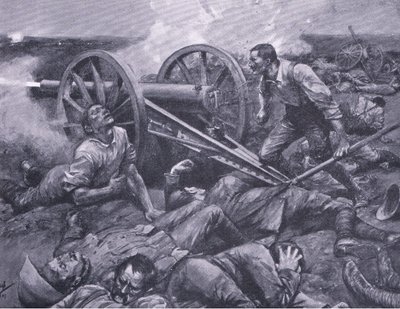 Försvaret av Dewetsdorp: arbetar en 15 pundare enhands, illustration från After Pretoria: The Guerilla War, 1902 av Frederick Judd Waugh