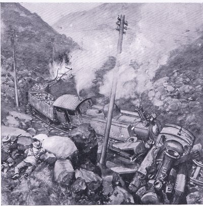 Förstörelsen av ett pansartåg nära Vlakfontein, illustration från After Pretoria: The Guerilla War, 1902 av Frederick Judd Waugh