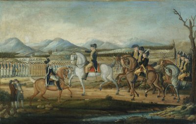 Washington granskar den västra armén i Fort Cumberland, Maryland, efter 1795. av Frederick Kemmelmeyer