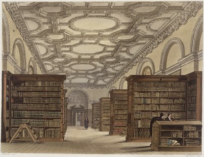 Interiör av Public Library, Cambridge, från "The History of Cambridge", graverad av Daniel Havell (1785-1826), pub. av R. Ackermann, 1815 (färgakvatint) av Frederick Mackenzie
