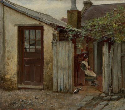 Flicka med fågel framför King Street Bakery. 1886 av Frederick McCubbin