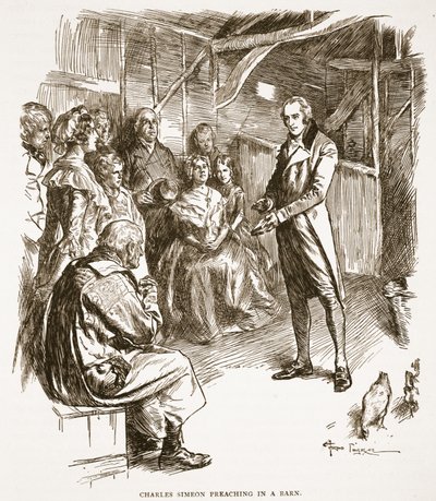 Charles Simeon predikar i en lada, illustration från "The Church of England: A History for the People" av H.D.M. Spence-Jones, pub. ca 1910 (sepiafoto). av Frederick Pegram