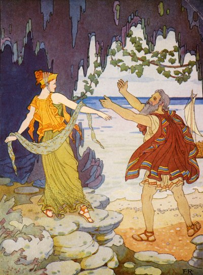 Calypso tog farväl av honom på stranden (färglitografi) av Frederick Richardson