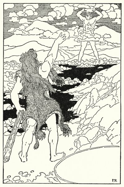 Herkules såg jättens ansikte med alla dess enorma drag (litho) av Frederick Richardson