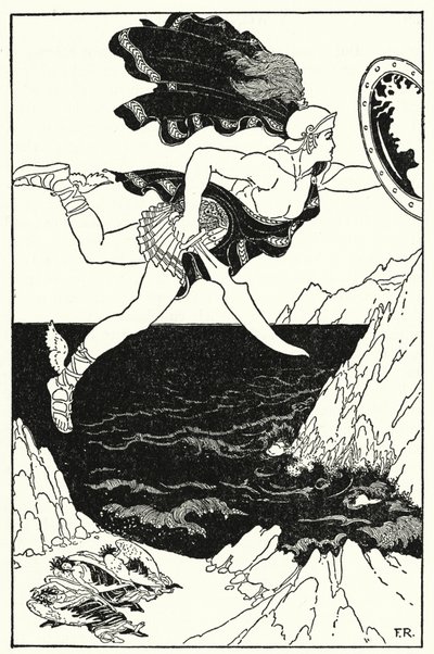 Perseus flög försiktigt nedåt och höll fortfarande ögonen på Medusas ansikte, som reflekterades i hans sköld (litho) av Frederick Richardson