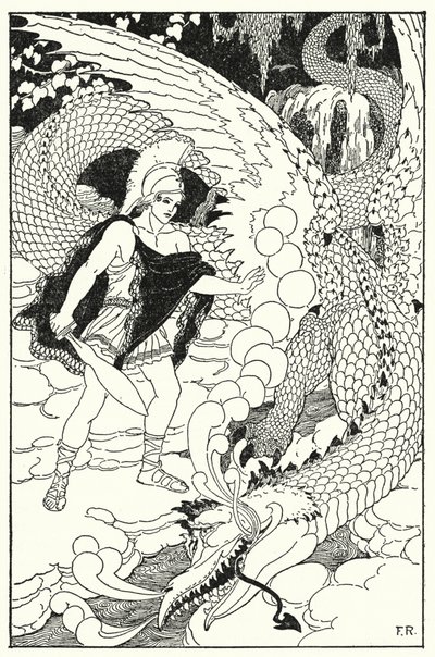 När draken fick syn på Cadmus satte han upp ett nytt avskyvärt väsande (litho) av Frederick Richardson