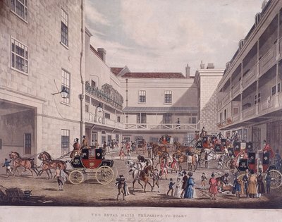 Royal Mail Coaches på Lad Lane, London, 1831 av Frederick Rosenberg