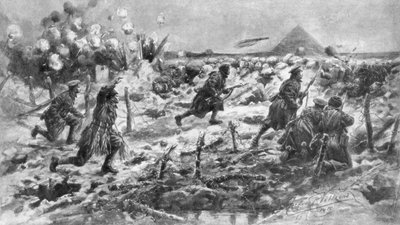 En brittisk attack med bajonett och granat, Neuve-Chapelle, Frankrike, 10 mars 1915, 1926. av Frederick Villiers