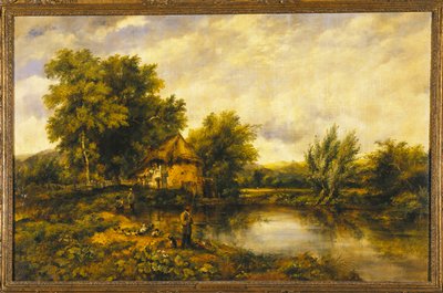 Ett flodlandskap med en fiskare vid en kvarn av Frederick Waters Watts