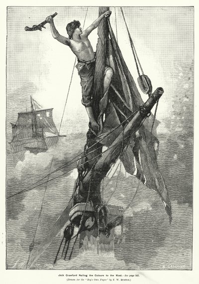 Jack Crawford spikar färgerna till masten (gravyr) av Frederick William (after) Burton