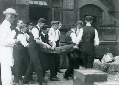 Ett team av män bär en Alligator övervakad av Sir Peter Chalmers Mitchell, London Zoo, 1924 av Frederick William Bond