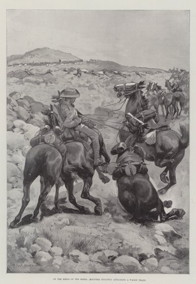 På boernas häl attackerar beridna infanteri ett vagnståg av Frederick William Burton