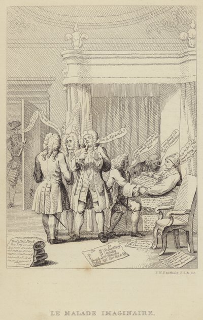 Le Malade Imaginaire: satir som visar författaren och botanikern John Hill i sängen som konsulteras av en rad läkare som alla är fast beslutna att säkra sina arvoden av Frederick William Fairholt