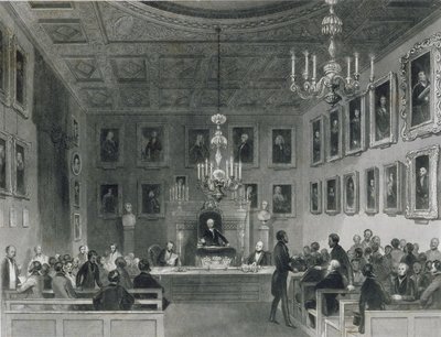 Vy över interiören av Somerset House, visar ett möte med Royal Antiquarian Society, ca 1840 av Frederick William Fairholt