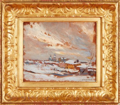 Ett vinterlandskap med avlägsna kupoler, Ryssland (olja på pannå) av Frederick William Jackson