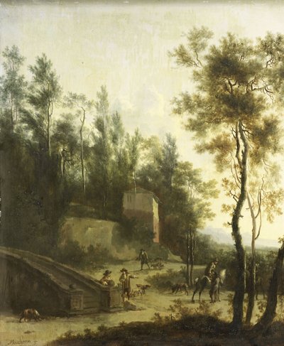 Italienskt landskap med jägare av Frederick de (manner of) Moucheron