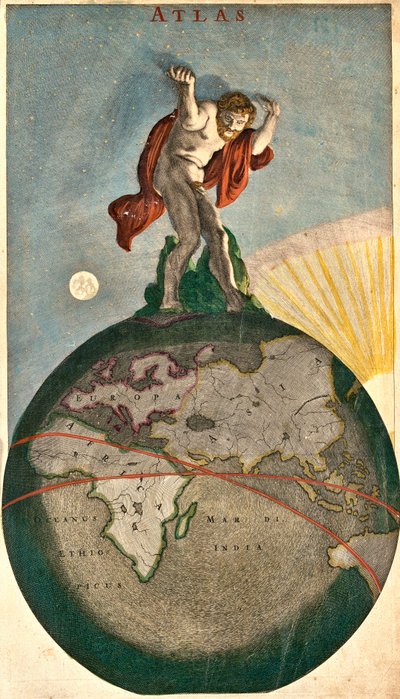 Atlas som stöder det himmelska valvet, lyfter på jorden (etsning av Frederick de Wit