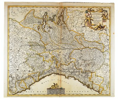 Republiken Genua, hertigdömet Milano, Parma och Monferrato, Karta av Frederik de Wit, Amsterdam, Kopparstick av Frederick de Wit