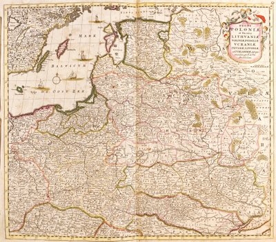 Karta över kungariket Polen, hertigarna av Litauen och Livland (Lettland) (baltiska länder) och Ukraina (etsning av Frederick de Wit