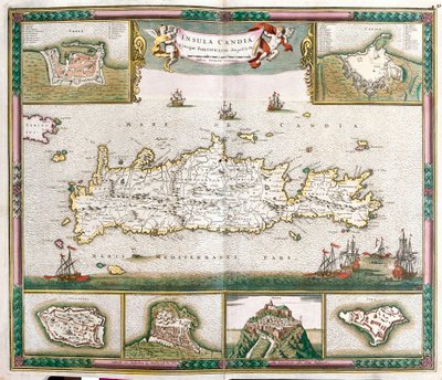 Karta över ön Kreta, med utsikt över de befästa städerna La Cane och Heraklion och fästningarna Spinalonga, Retino, Thine och Souda (etsning av Frederick de Wit