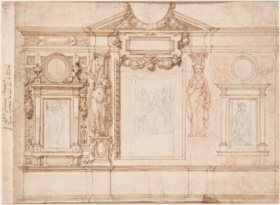 Design för en väggdekoration med inklistrade skisser efter Raphael (verso) av Frederico Zuccaro