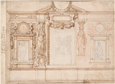 Design för en väggdekoration med inklistrade skisser efter Raphael verso, ca. 1580-90-tal. av Frederico Zuccaro