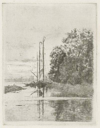 Flodutsikt med två fartyg och en pråm. av Fredericus Jacobus van Rossum du Chattel (signed by artist)