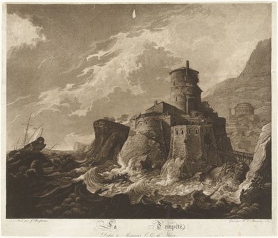Slott på den klippiga kusten och fartyg i storm till havs La Tempête (titel på objekt) av Frederik Christiaan Bierweiler