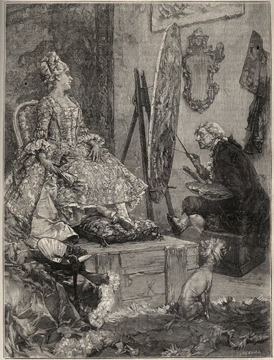 Francois Boucher (1703-1770) målar porträttet av Jeanne Antoinette Poisson, markisin av Pompadour (känd som Madame de Pompadour av Frederik Hendrik (after) Kaemmerer