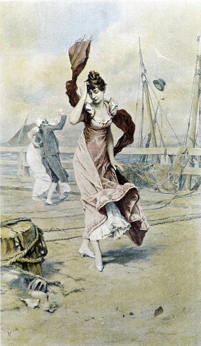 Kvinna vid havet - allegori om tidig vår, kalender illustrerad av Hubert Dys, målad av F.H. Kaemmerer av Frederik Hendrik Kaemmerer