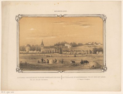 Vy över Oosterbeek med figurer som gör hö Byn Oosterbeek kan ses från den Rijnkant. En timme bort från Arnhem. (titel på objekt) Gelderland (serietitel på objekt) av Frederik Lodewijk Huygens