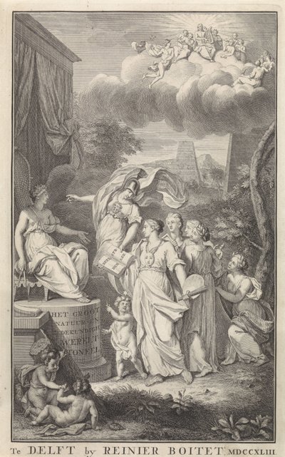Minerva and the Arts för en tronande figur Titelsida för: The Groot Natuur- en Zedekundigh Wereldtoneel, Delft, R. Boitet, 1743 av Frederik Ottens
