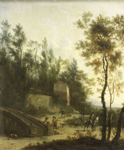 Italienskt landskap med jägare av Frederik de Moucheron
