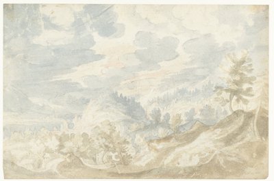 Bergslandskap med utsikt över en dalgång (av Donau?) och ett kyrktorn av Frederik van Valckenborch