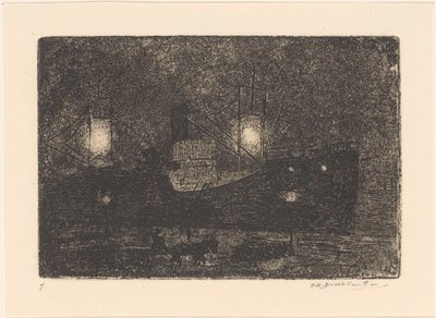 Båt på kajen på natten av Frederika Henriëtte Broeksmit (signed by artist)