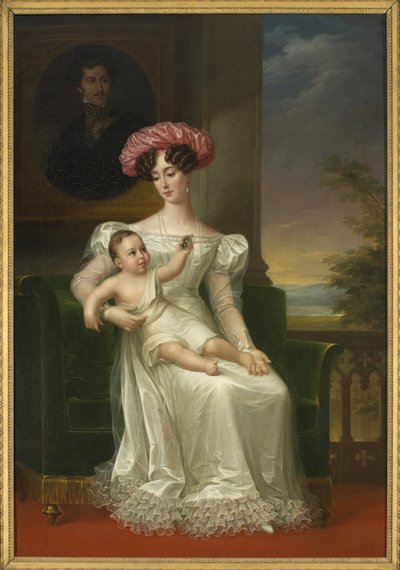 Josephine av Leuchtenberg, drottning av Sverige och Norge (med sin son Karl XV i famnen, sittande framför ett porträtt av kung Oscar I) - Porträtt av Josephine av Leuchtenberg (1807-1876), drottning av Sverige och Norge, av Westin , Fredric (1782-1862). Ol av Fredric Westin