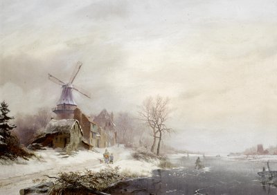 Holländska: Vinterlandskap med by, väderkvarn och figurer Vinterlandskap med by, väderkvarn och figurer av Fredrik Marinus Kruseman