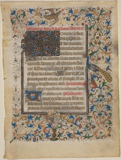 Manuskriptblad från en timbok (incip. Passionis) av French 14th Century