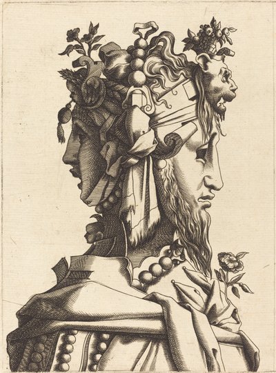 Byst av en kvinna i en extravagant kostym av French 16th Century after René Boyvin or Pierre Milan