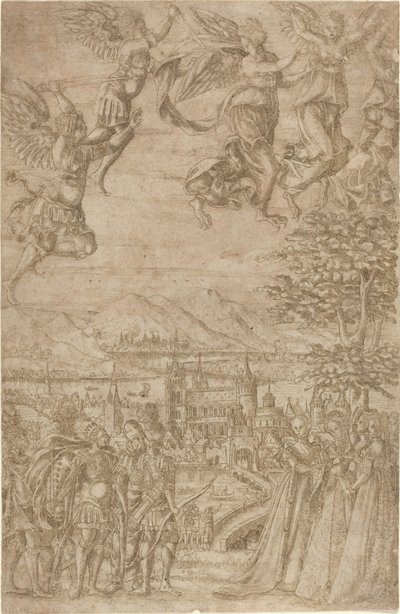 En kung och hans följe konfronterar damer under en himmelsk strid av French 17th Century