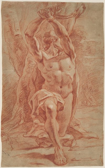 Knästående man bunden till ett träd av French 17th Century